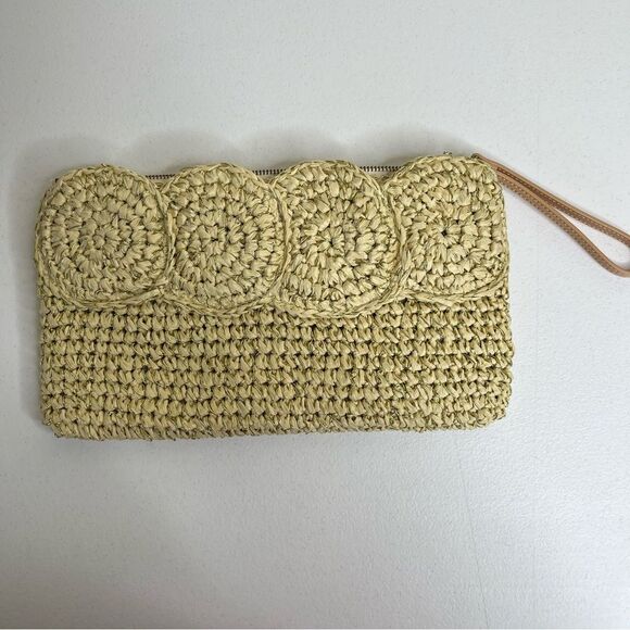 Talbots Paper Straw Gold Metallic Tan Leather Trim Top Zip Clutch Bag Strap - Picture 3 of 11